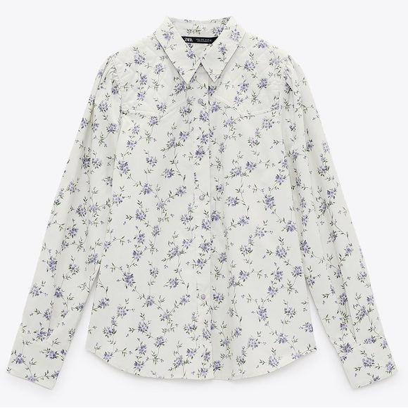 ZARA Beautiful Floral Top Long Sleeves Quilted Yoke Snap Closure Women’s Size M - Picture 4 of 12